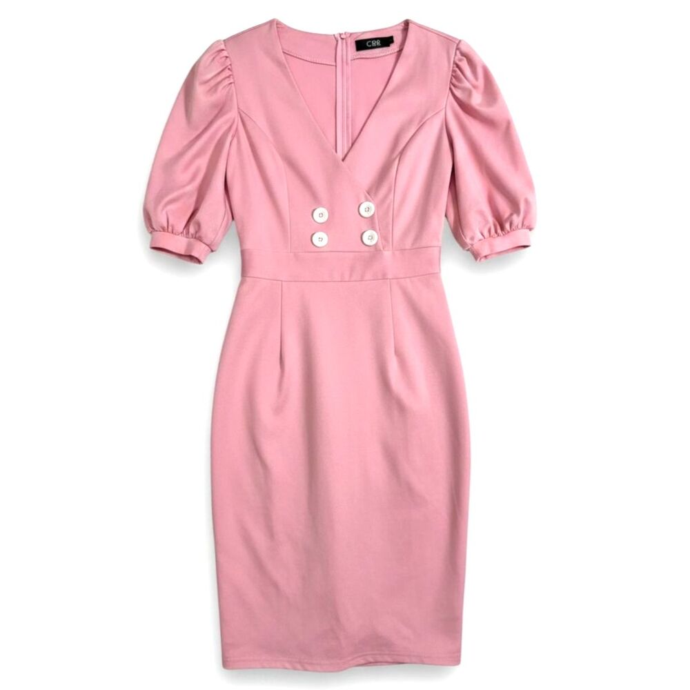 CBR Pink Puff Sleeve Double Button V-Neck Chic Midi Dress Date Night Office L